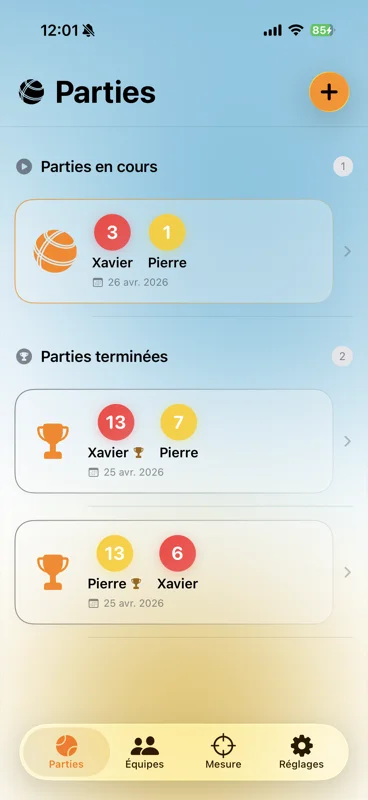 Liste des parties de pétanque : sections En cours et Terminées dans Cochonnet