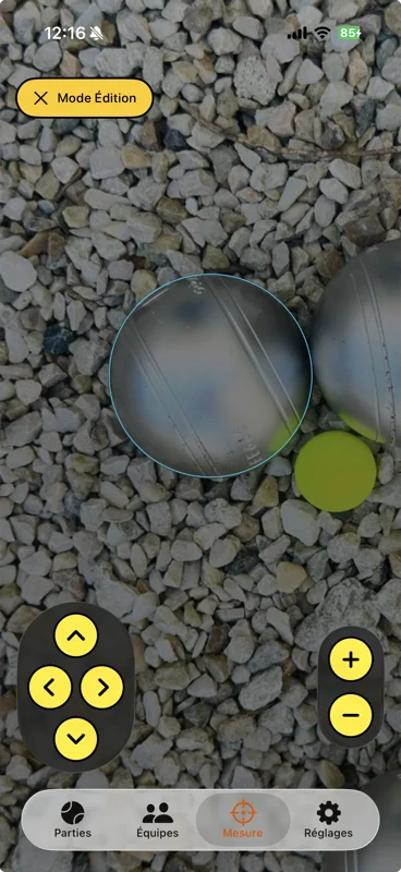 Mode édition Cochonnet : flèches de correction manuelle pour repositionner une boule ou le cochonnet