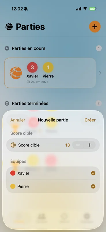Création d'une nouvelle partie de pétanque : score cible et choix des équipes