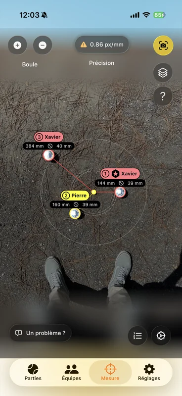 Résultat de mesure pétanque : distances en millimètres affichées pour chaque boule